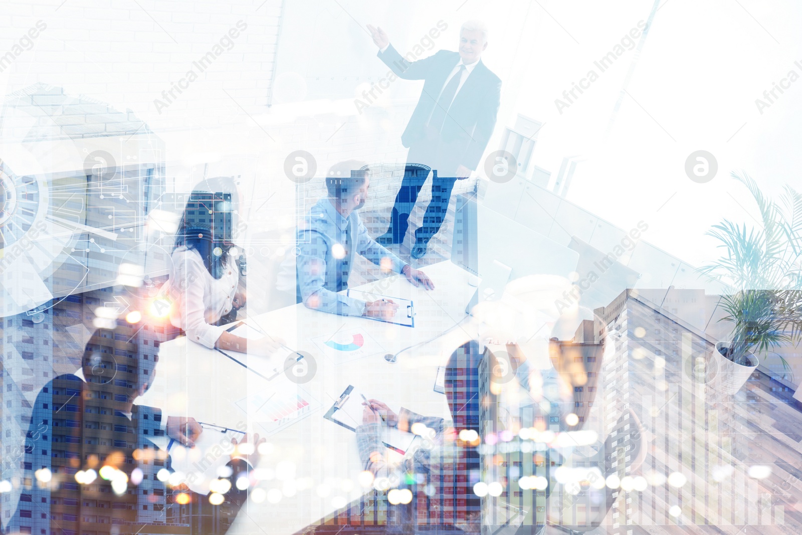 Image of Business people in office and night cityscape. Multiple exposure