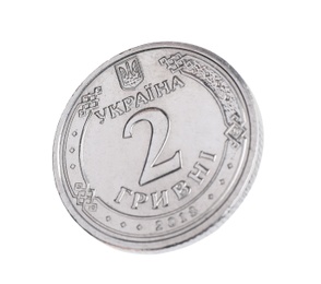 Photo of Ukrainian coin isolated on white. National currency