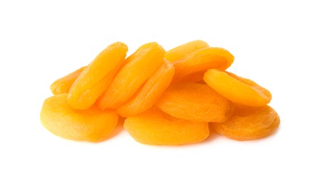 Photo of Pile of tasty apricots on white background. Dried fruits