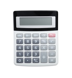 Photo of Modern calculator isolated on white, top view. Office stationery