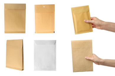 Collage with photos of people holding paper envelopes on white background, closeup