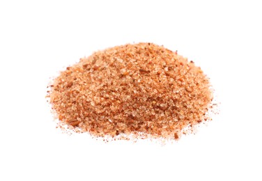 Photo of Heap of pink salt with spices on white background