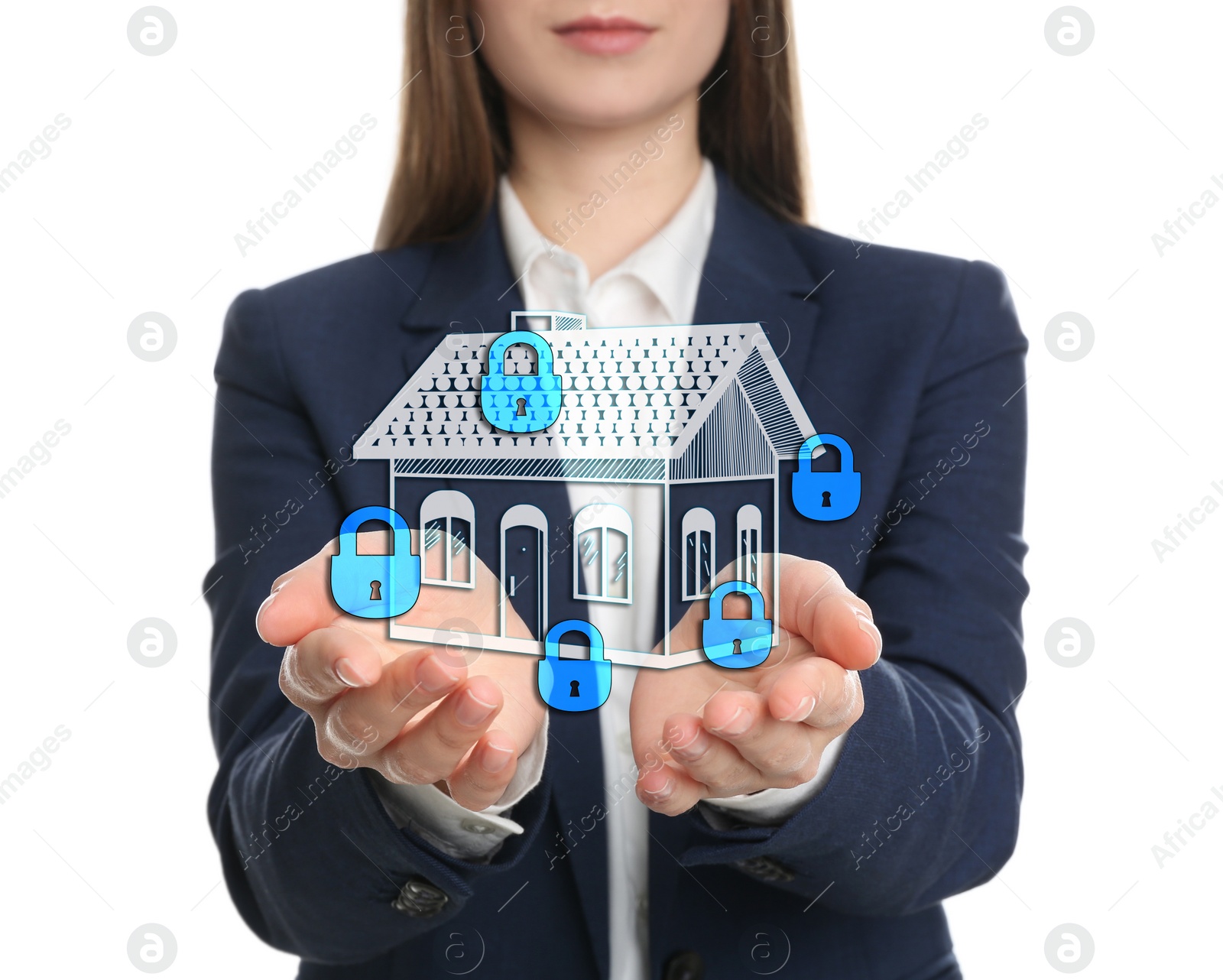 Image of Home security concept. Woman holding house on white background, closeup