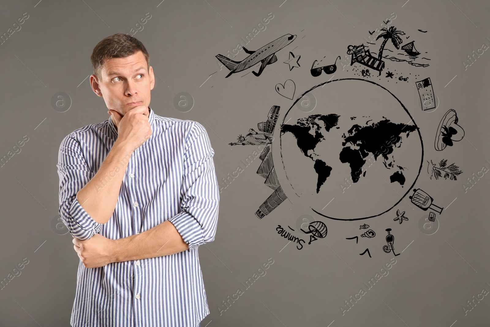 Image of Man dreaming about vacation on grey background