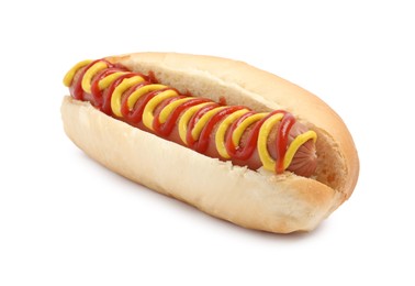 Photo of Delicious hot dog with mustard and ketchup on white background