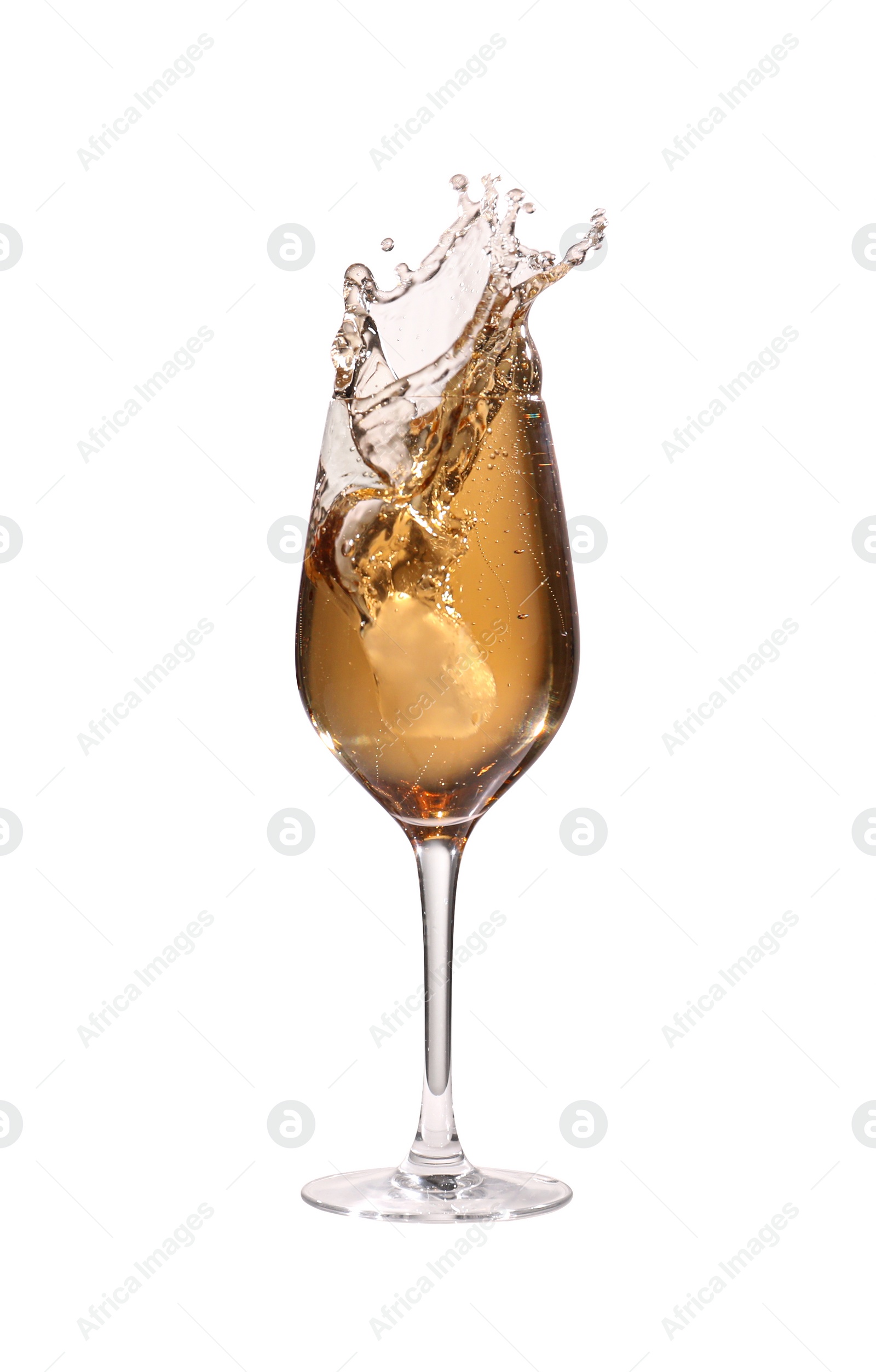 Photo of Delicious wine splashing out of glass on white background