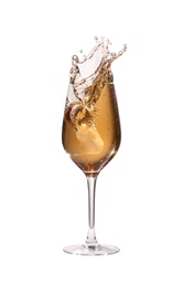 Delicious wine splashing out of glass on white background