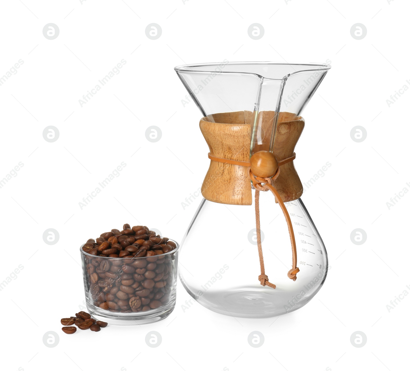 Photo of Empty glass chemex coffeemaker and beans isolated on white