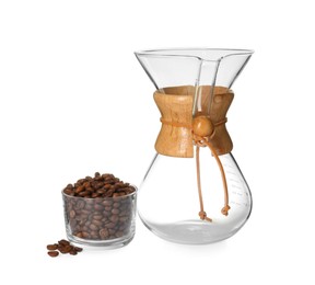 Photo of Empty glass chemex coffeemaker and beans isolated on white