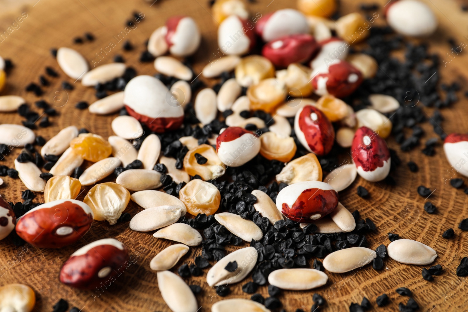 Photo of Mixed vegetable seeds on wooden background, closeup