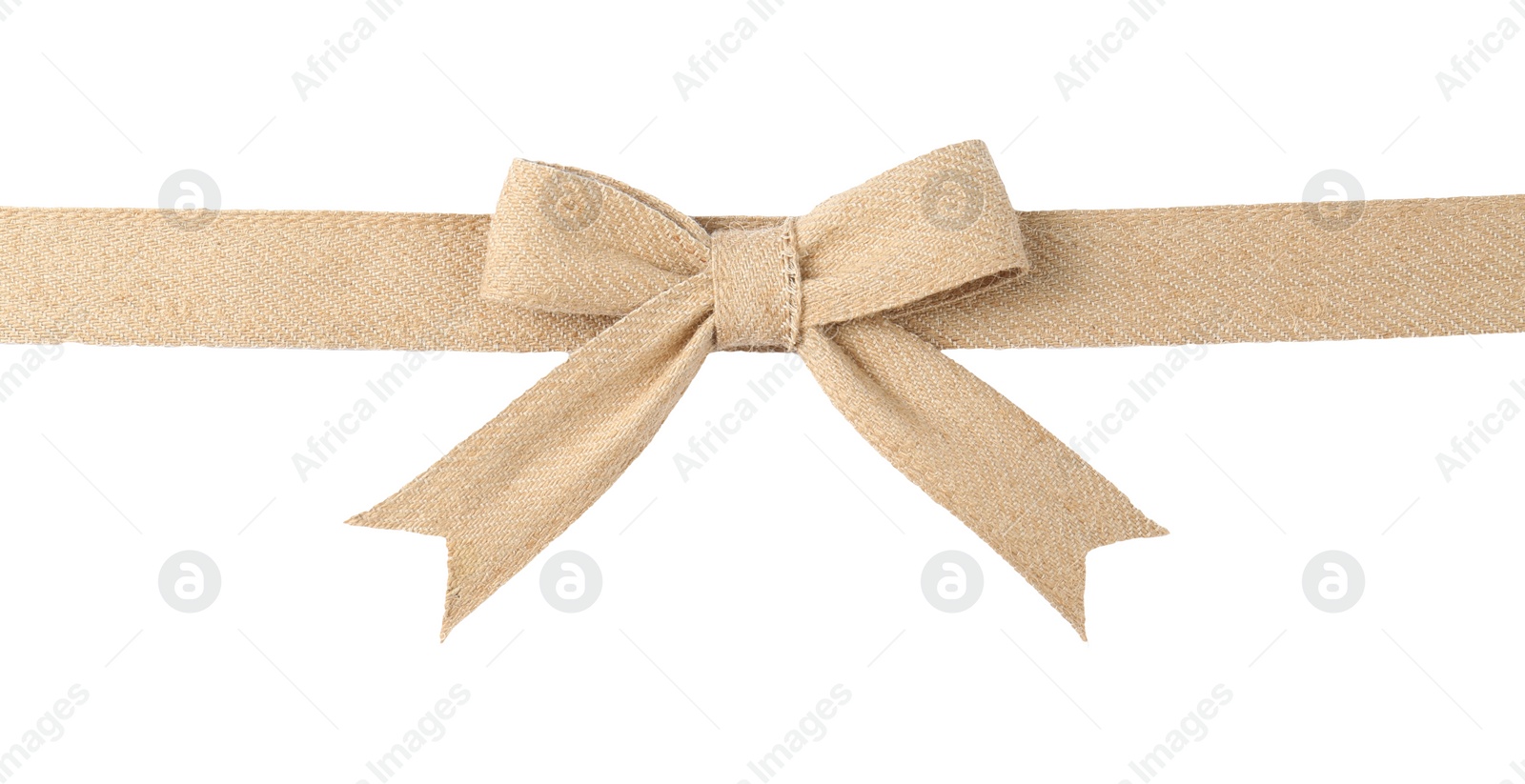 Photo of Ribbon and bow made of burlap fabric isolated on white, top view