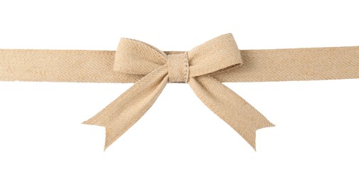 Ribbon and bow made of burlap fabric isolated on white, top view