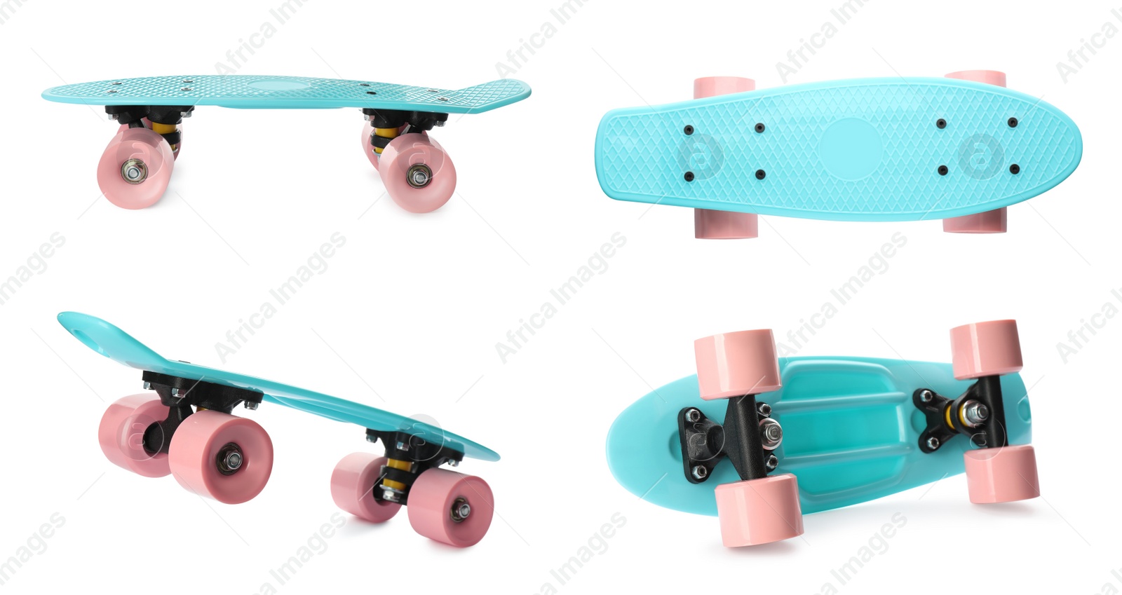 Image of Turquoise skateboards with pink wheels on white background, collage. Sport equipment