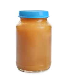 Jar with healthy baby food on white background