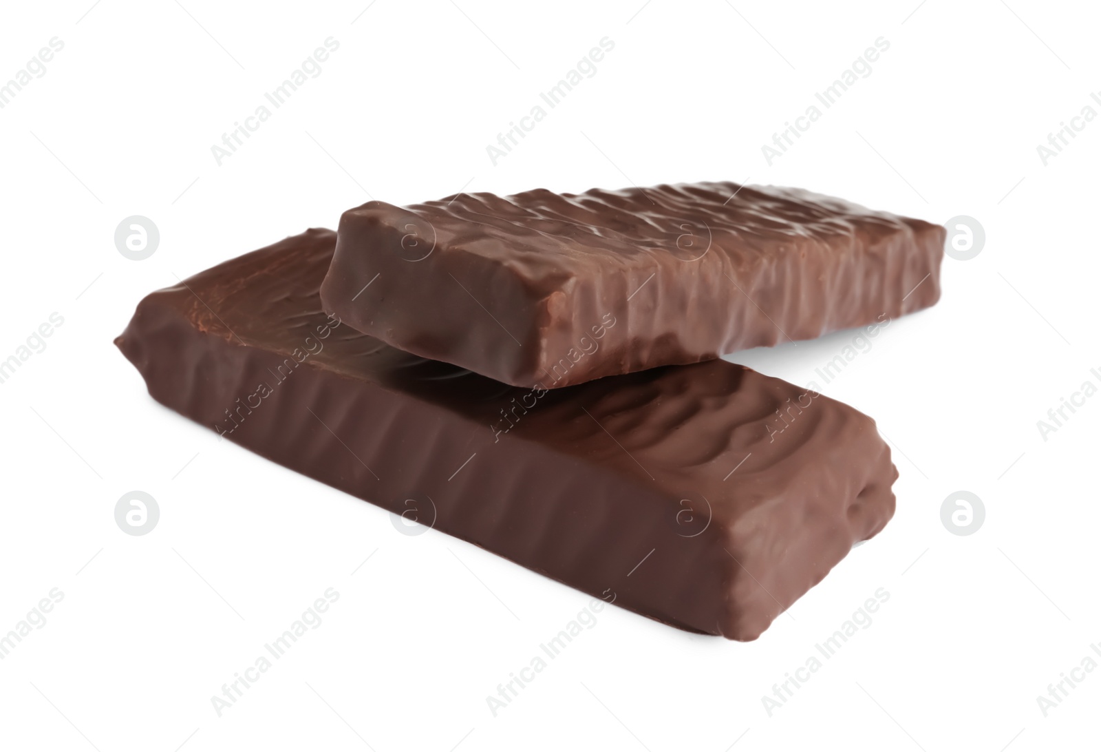 Photo of Tasty chocolate glazed protein bars on white background. Healthy snack