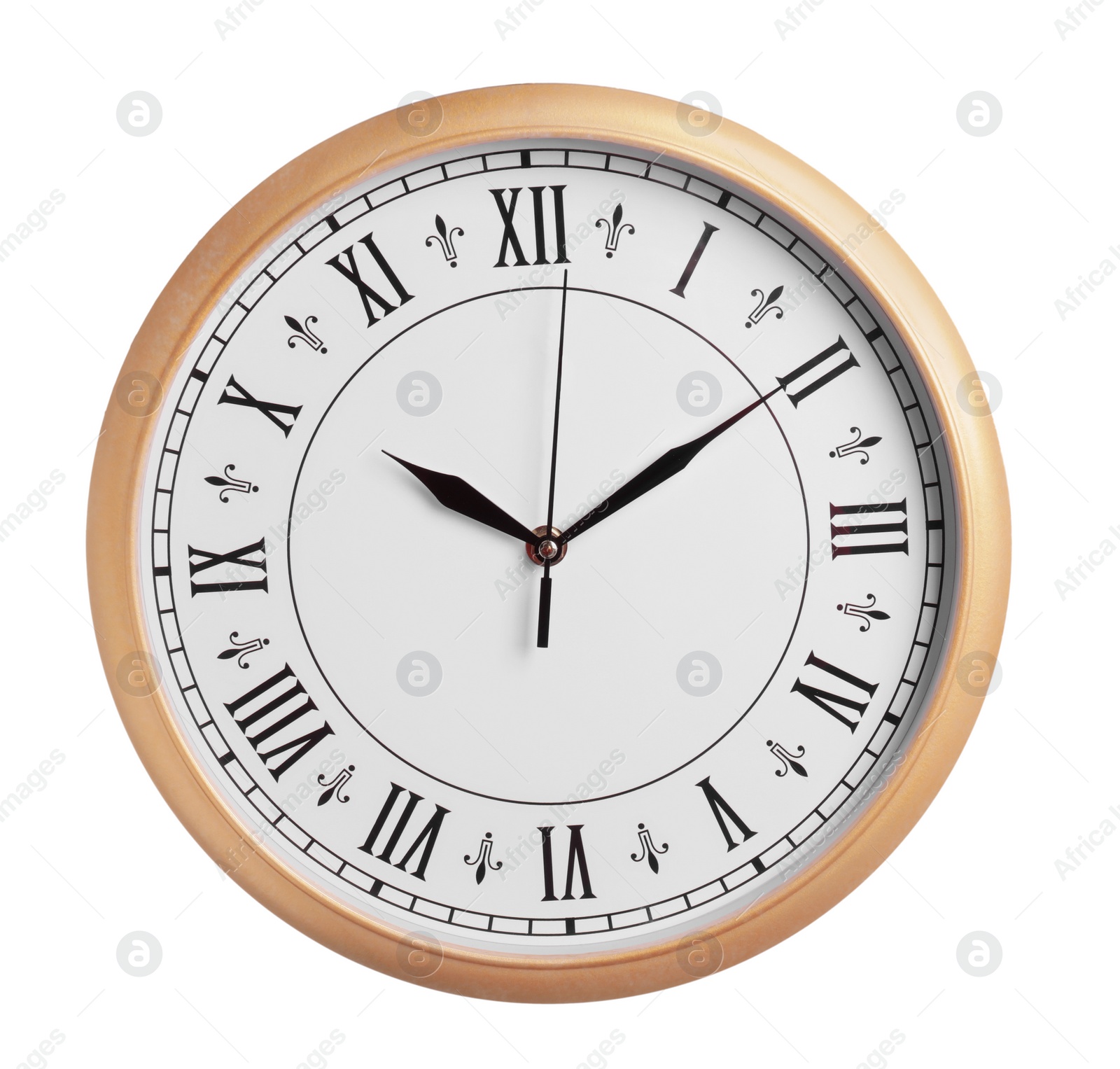 Photo of Stylish round clock isolated on white. Interior element