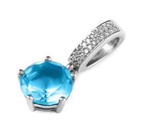 Photo of Elegant silver pendant with light blue gemstone isolated on white. Luxury jewelry