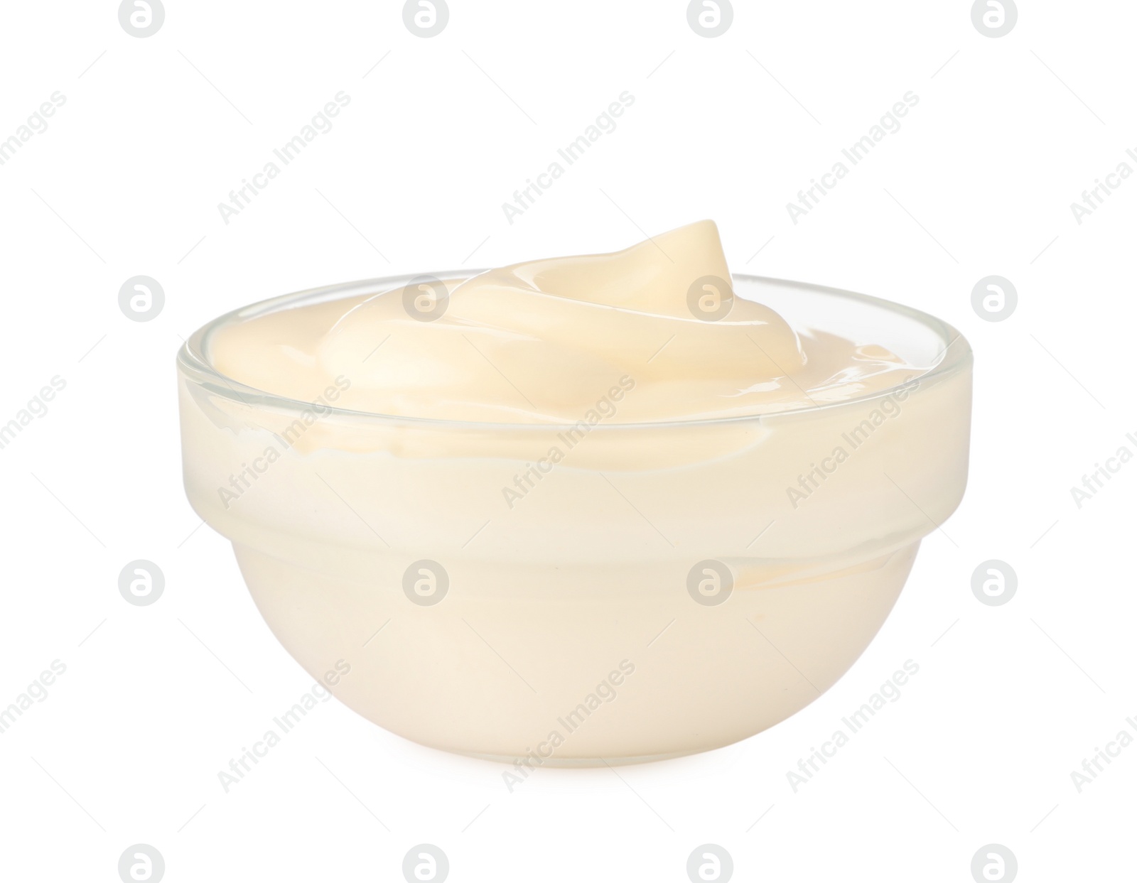 Photo of Mayonnaise in glass bowl isolated on white