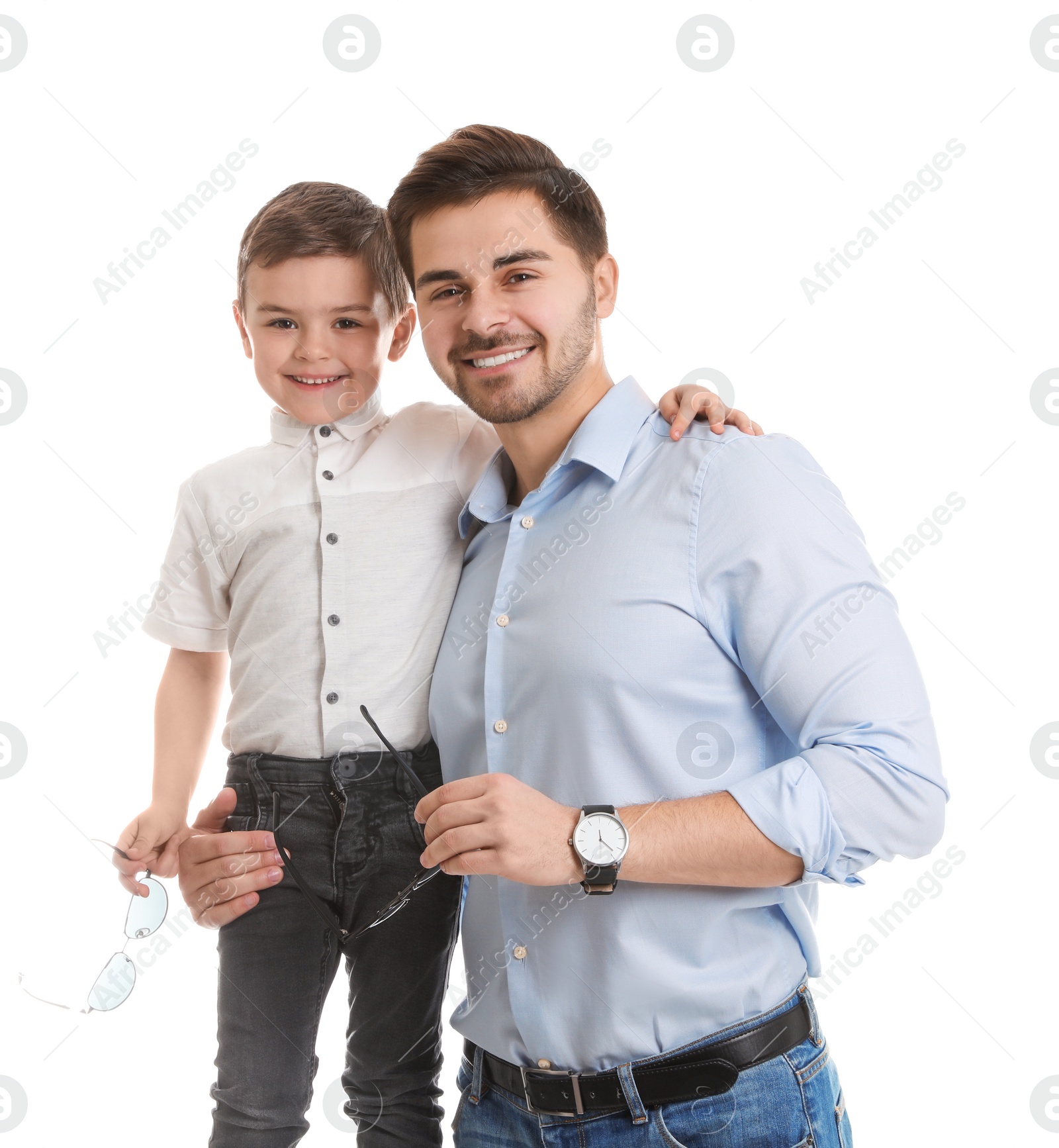 Photo of Portrait of dad and his son isolated on white