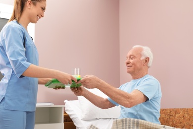 Photo of Nurse giving tray with food to senior patient in hospital ward. Medical assisting