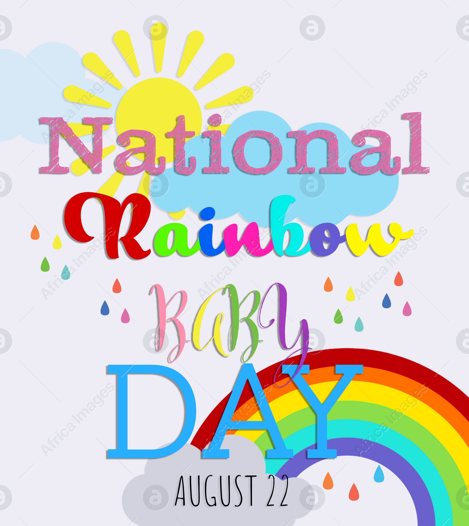 Illustration of National Rainbow Baby Day, August 22.  sun, rainbow, raindrops and cloud on white background