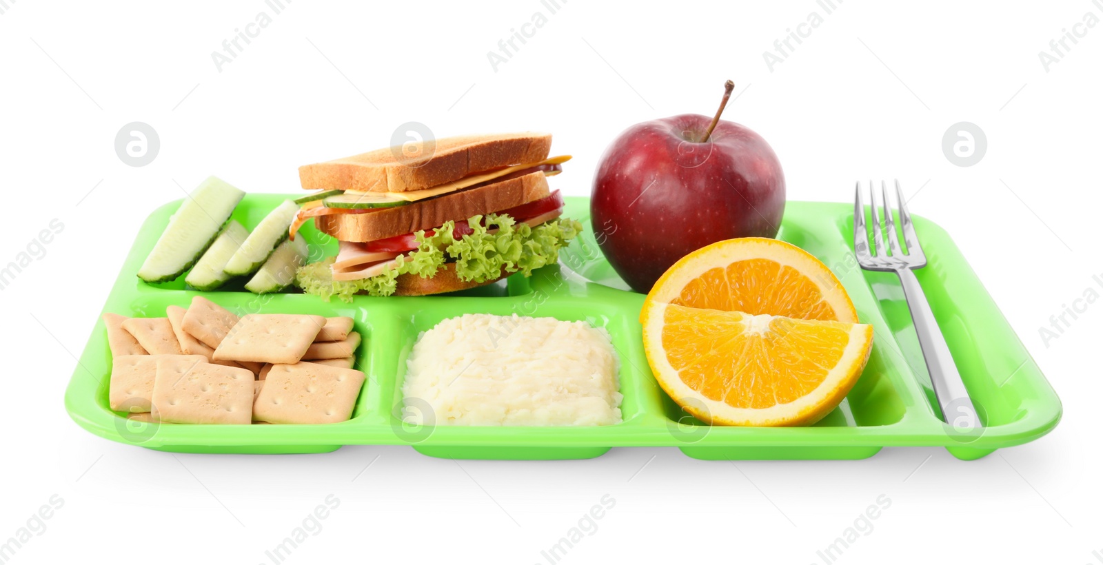 Photo of Serving tray with tasty healthy food isolated on white. School dinner