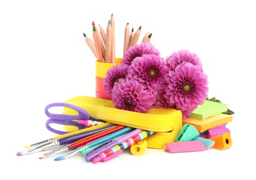 Photo of Beautiful flowers and stationery on white background. Teacher's Day