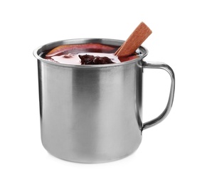 Aromatic mulled wine in mug isolated on white