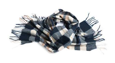 Photo of One beautiful checkered scarf on white background