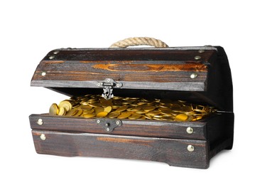 Open treasure chest with gold coins isolated on white