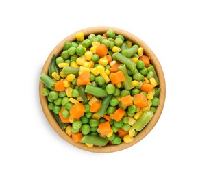 Photo of Mix of fresh vegetables in wooden bowl on white background, top view