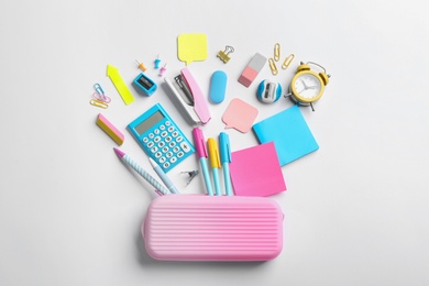 Flat lay composition with school stationery on white background. Back to school