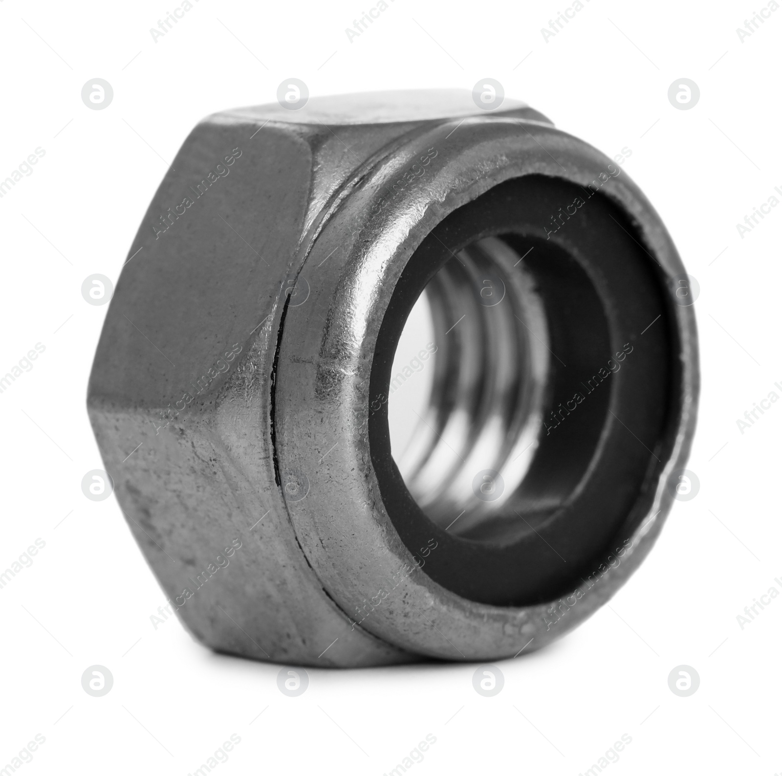 Photo of One metal lock nut isolated on white