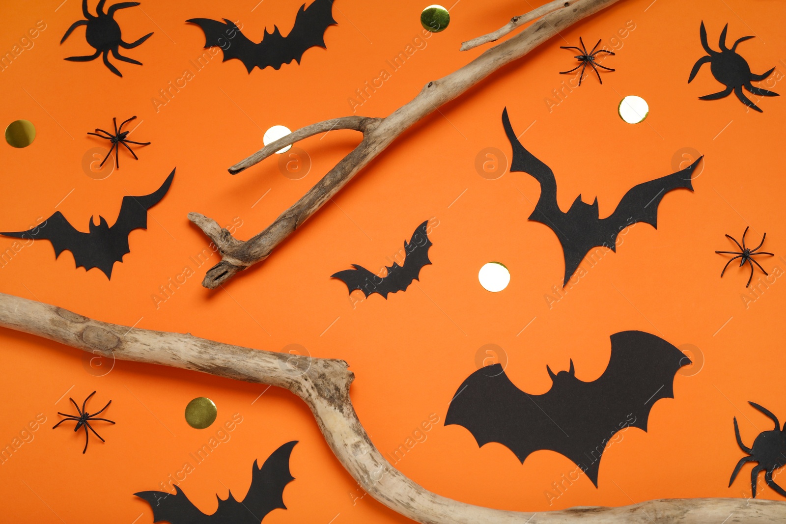 Photo of Flat lay composition with paper bats, spiders and wooden branches on orange background. Halloween decor