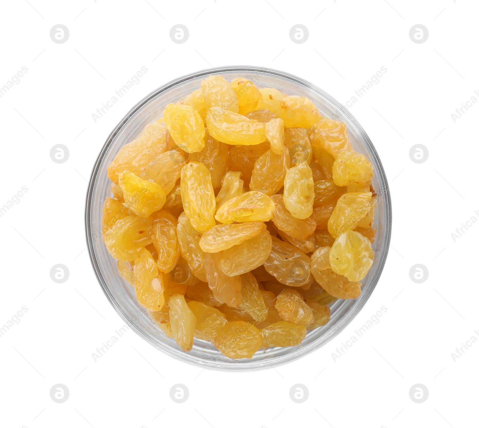 Photo of Bowl with raisins on white background, top view. Healthy dried fruit