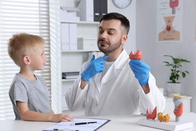 Endocrinologist showing thyroid gland model to little patient at table in hospital