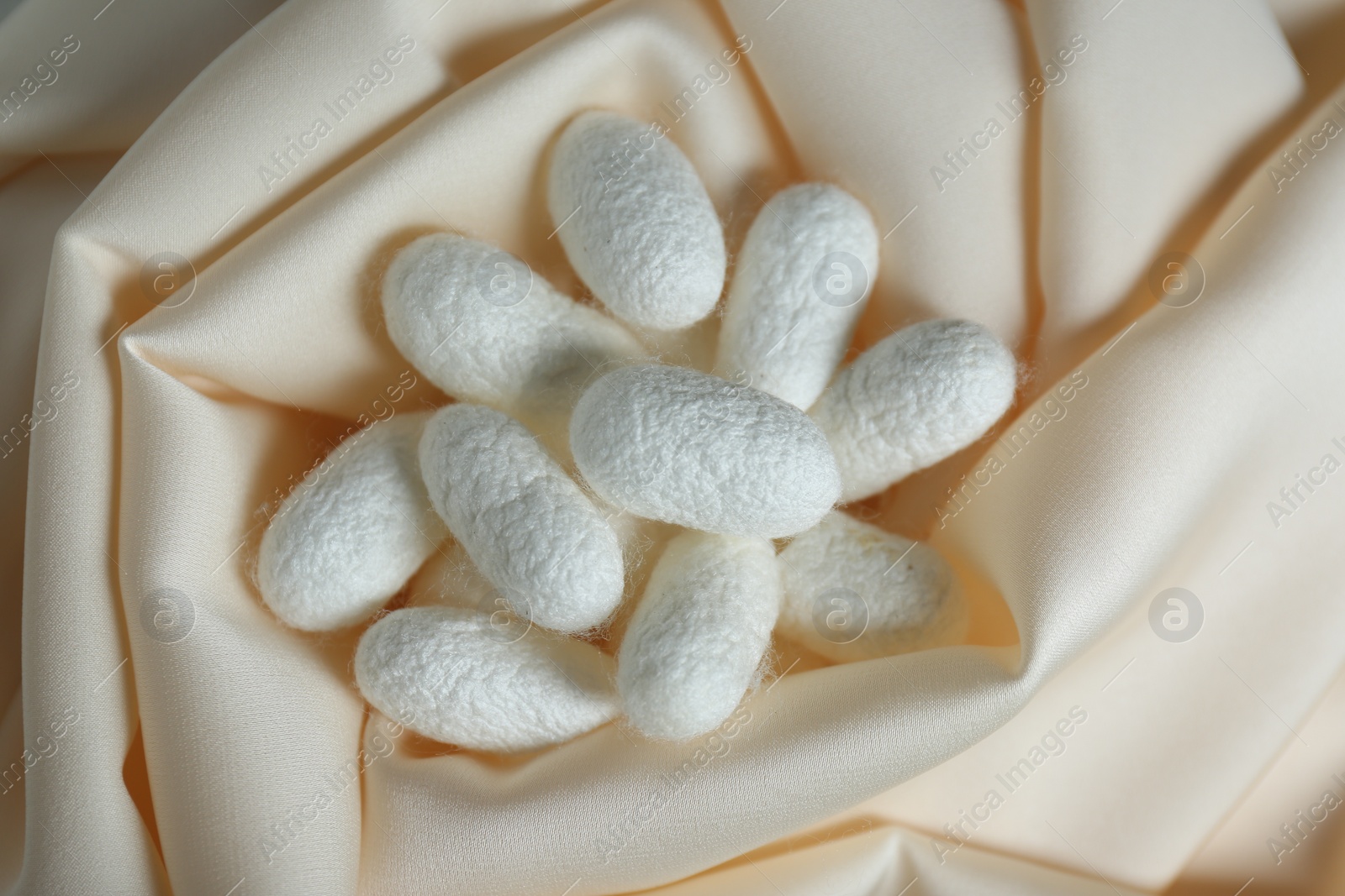 Photo of Heap of white cocoons on silk fabric, top view