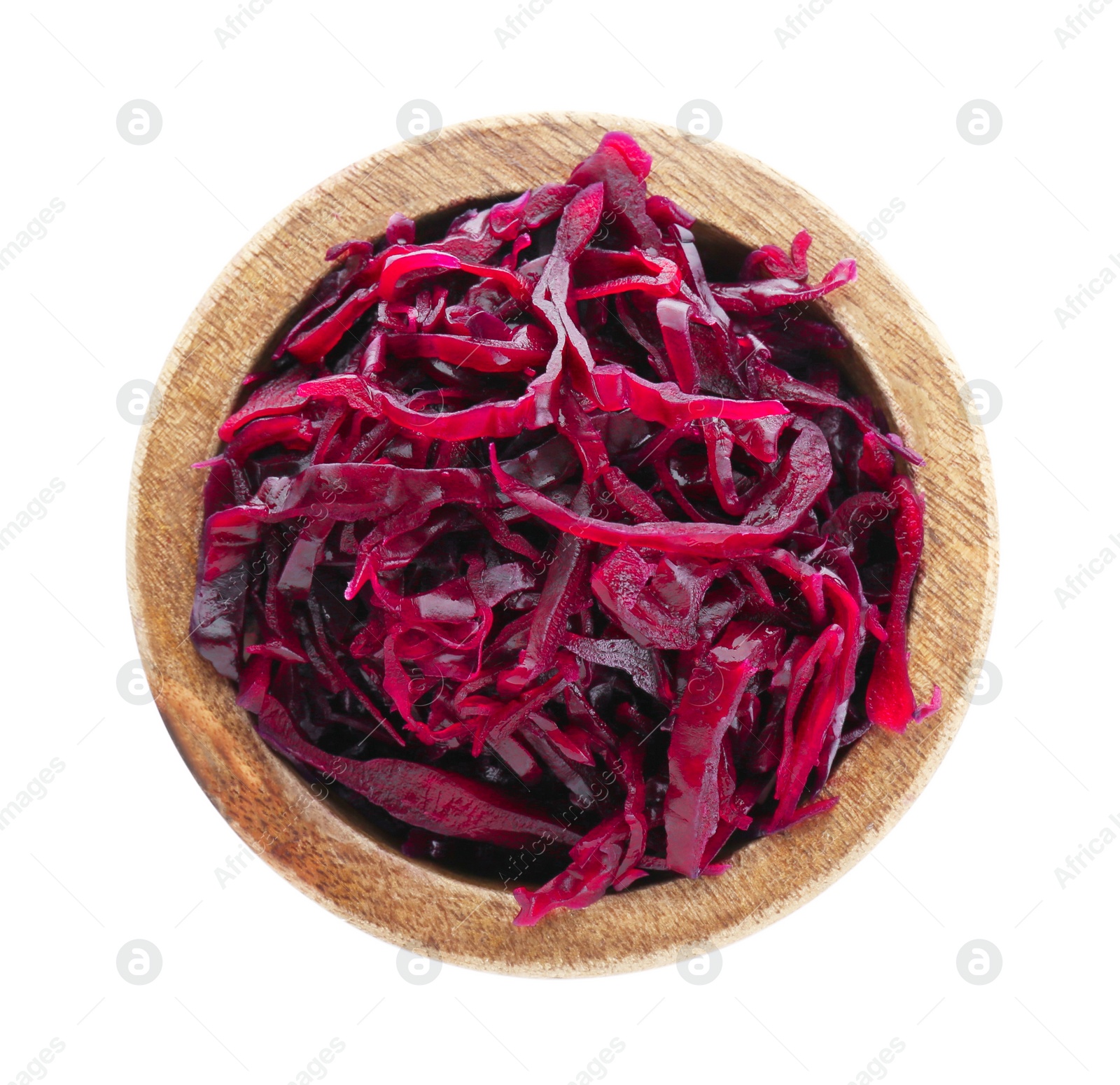 Photo of Bowl with tasty red cabbage sauerkraut isolated on white, top view