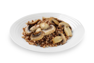 Photo of Tasty buckwheat with mushrooms isolated on white