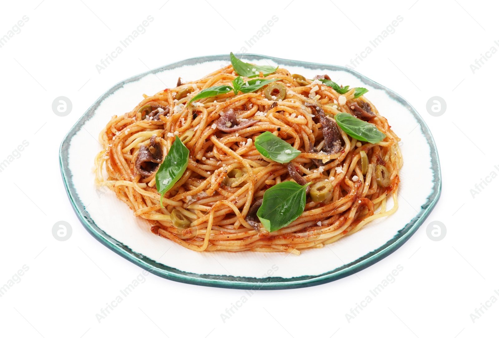 Photo of Delicious pasta with anchovies, tomato sauce and basil isolated on white