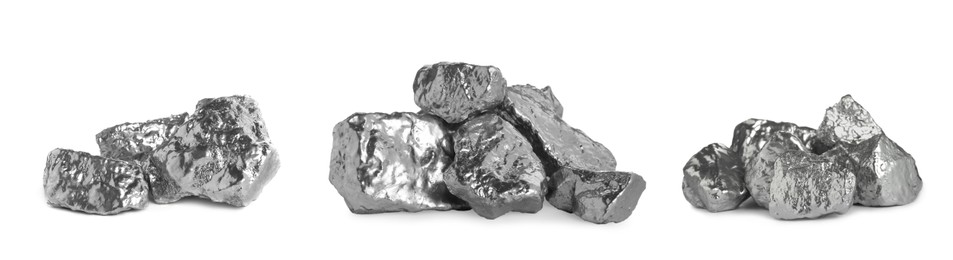 Image of Set of silver nuggets on white background