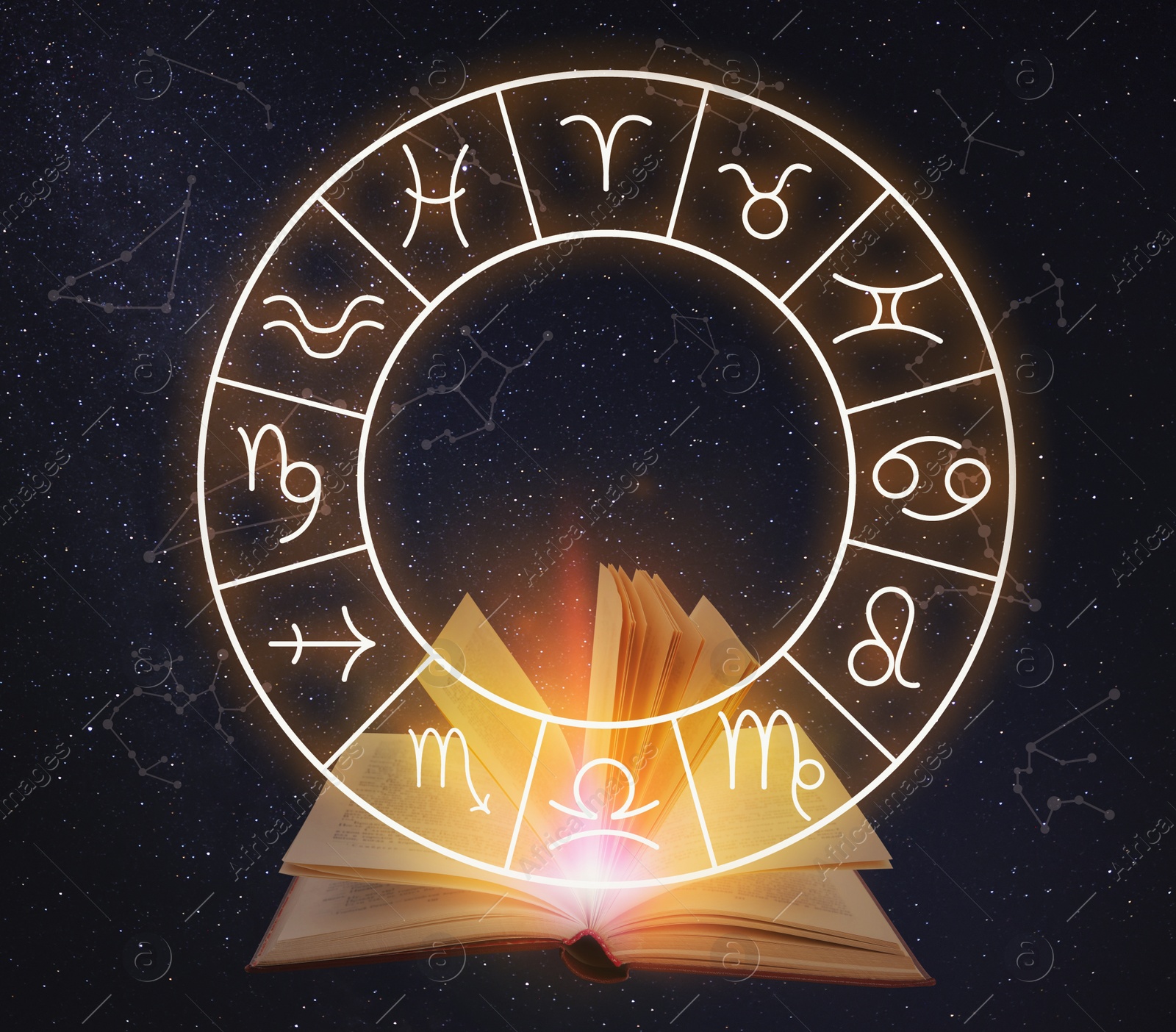 Image of Open book, illustration of zodiac wheel with astrological signs and starry sky at night