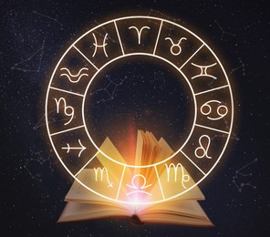 Image of Open book, illustration of zodiac wheel with astrological signs and starry sky at night