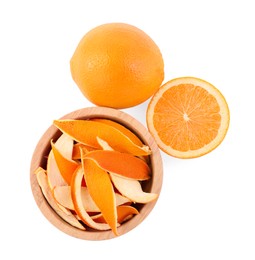 Photo of Bowl with dry orange peels and fresh fruits isolated on white, top view