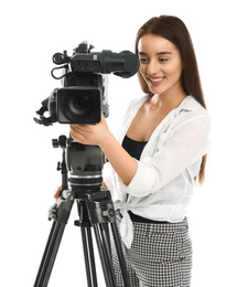 Photo of Operator with professional video camera on white background