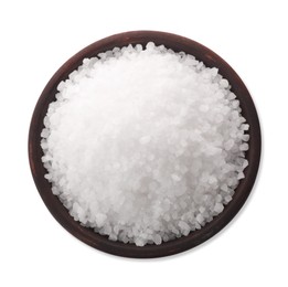 Photo of Natural salt in bowl isolated on white, top view