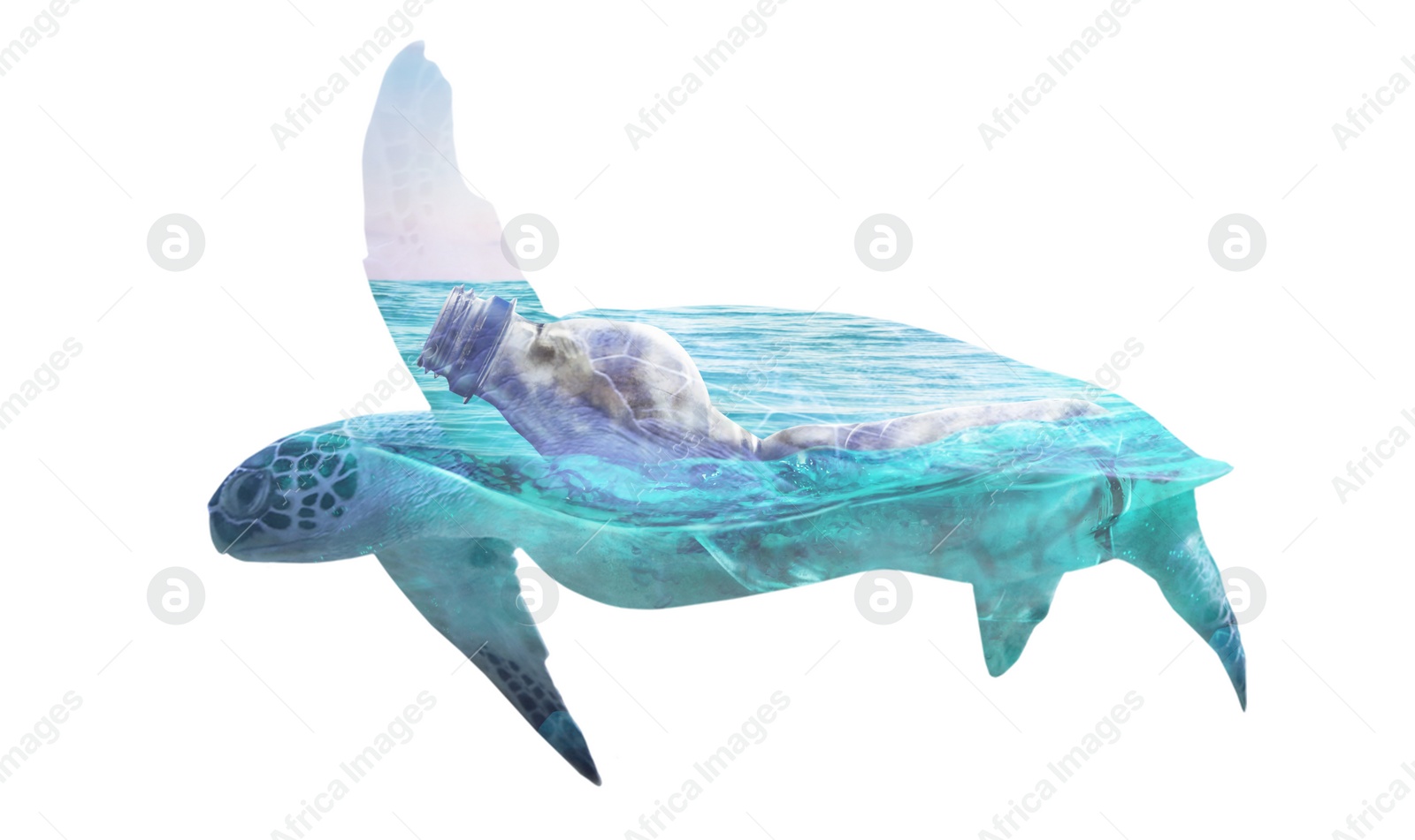 Image of Plastic garbage in ocean and turtle, double exposure. Environmental pollution