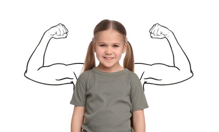 Image of Cute little girl and illustration of muscular arms behind her on white background