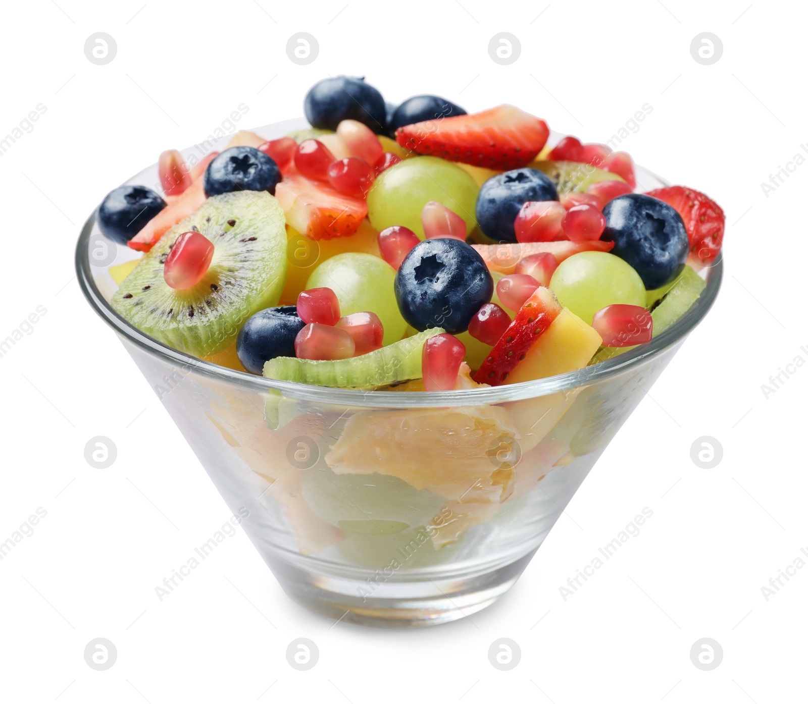 Photo of Tasty fruit salad in bowl isolated on white