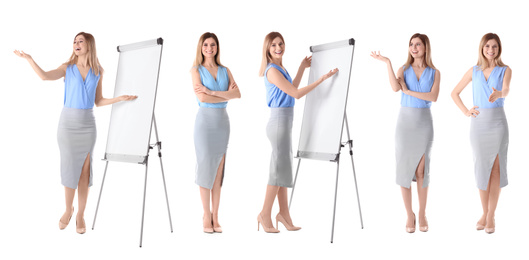 Image of Collage with photos of business trainer on white background, banner design 